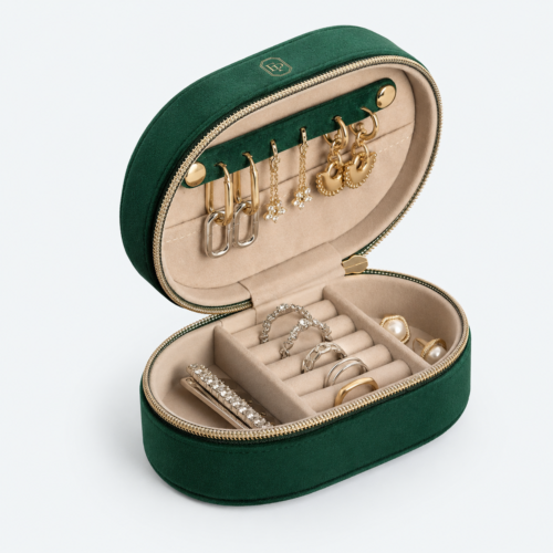 Green Velvet Zipper Jewelry Organizer - open product view - JB-BM-08-P56