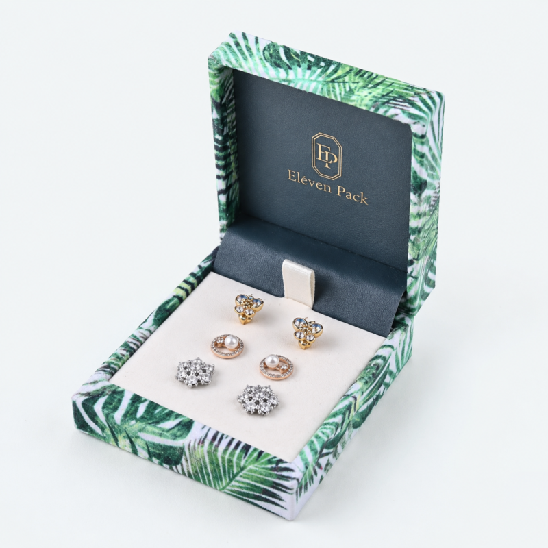 Green Velvet Island Style Earring Box - open product view - JB-BM-08-P57