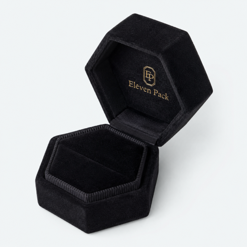 Black Velvet Hexagon Ring Box - open product view - JB-BM-08-P58