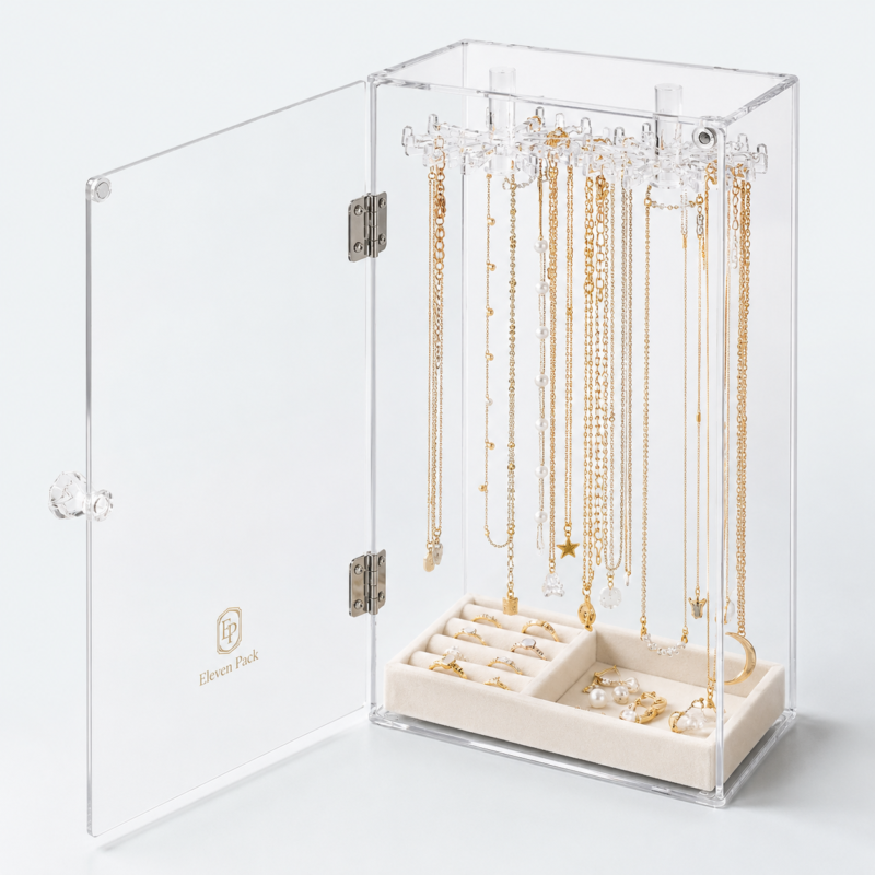 Clear Acrylic Glass Jewelry Display Stand - open product view - JD-BM-04-P10 Clear Acrylic Glass Jewelry Display Stand - open product view - JD-BM-04-P10