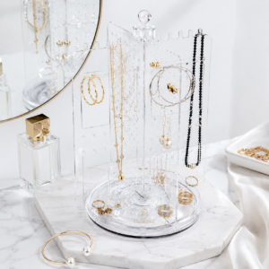 Clear Acrylic Jewelry Display Stand - lifestyle usage scene - JD-BM-04-P5 Clear Acrylic Jewelry Display Stand - lifestyle usage scene - JD-BM-04-P5