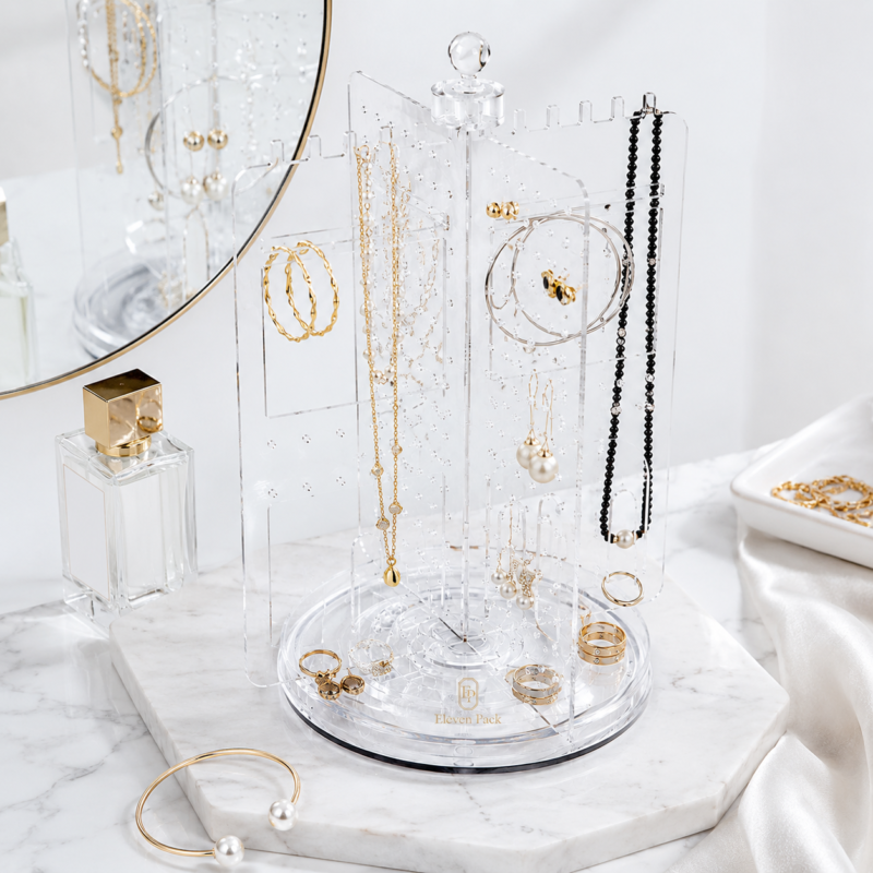 Clear Acrylic Jewelry Display Stand - lifestyle usage scene - JD-BM-04-P5 Clear Acrylic Jewelry Display Stand - lifestyle usage scene - JD-BM-04-P5