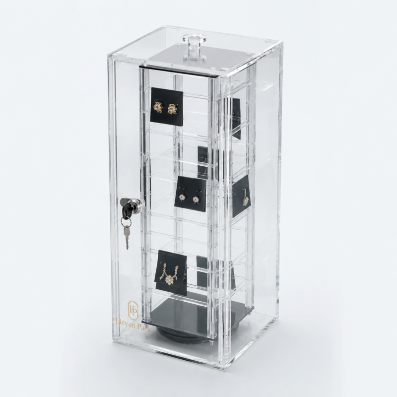 Clear Acrylic Lockable Jewelry Display Stand - closed product view - JD-BM-04-P7 Clear Acrylic Lockable Jewelry Display Stand - closed product view - JD-BM-04-P7