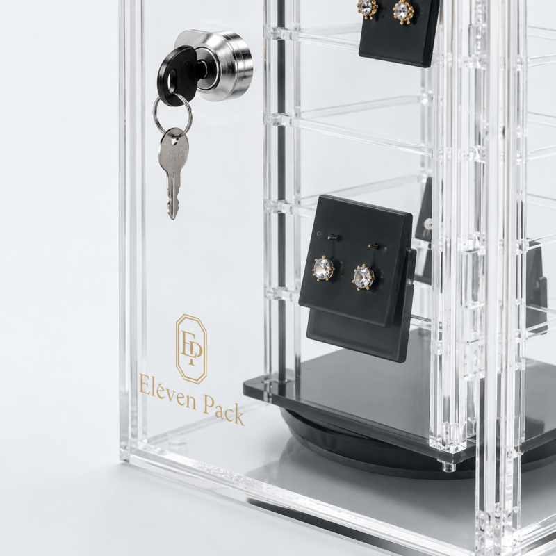 Clear Acrylic Lockable Jewelry Display Stand - material or structure detail - JD-BM-04-P7 Clear Acrylic Lockable Jewelry Display Stand - material or structure detail - JD-BM-04-P7