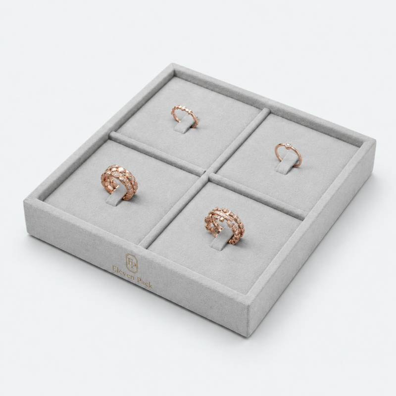 Suede Ring Display Tray - lifestyle usage scene - JD-BM-07-P3 Suede Ring Display Tray - lifestyle usage scene - JD-BM-07-P3