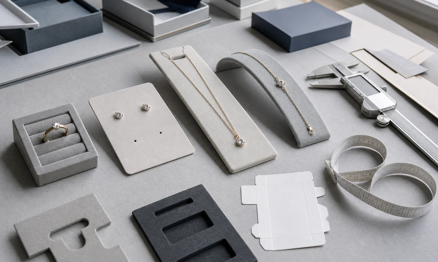 Jewelry types and measurements prepared for a custom packaging brief.