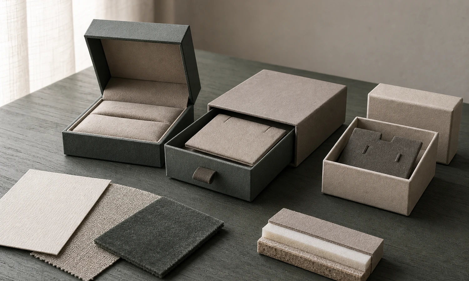 Jewelry box structures, materials, and inserts compared for a supplier brief.