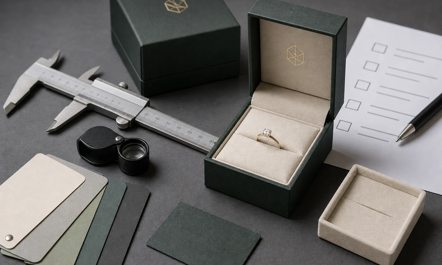 A jewelry packaging sample being checked for fit, color, logo finish, and structure.