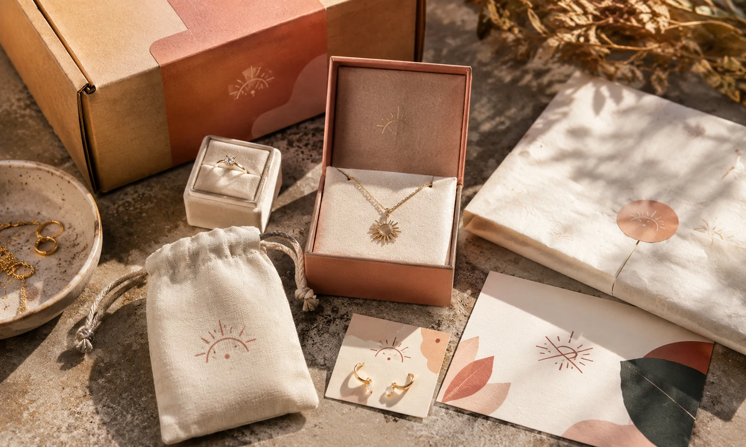 Open jewelry order box with pouch and blank card for a small business