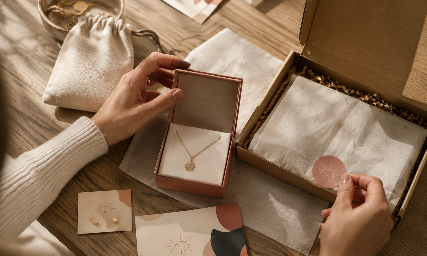 Tissue paper folded around a soft jewelry pouch inside an open mailer box