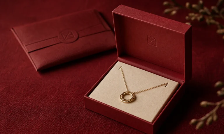 E-commerce jewelry packaging arranged from delivery parcel to fitted presentation box.