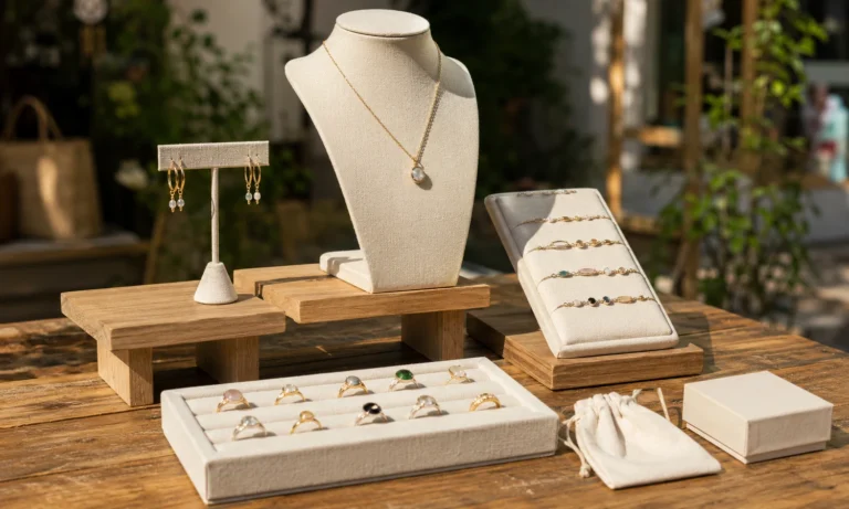 jewelry vendor display ideas layout with product grouping and branded packaging