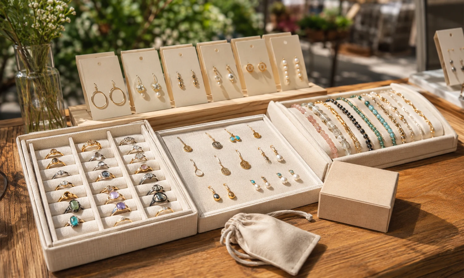 Small brass earring stand on a neutral boutique display runner