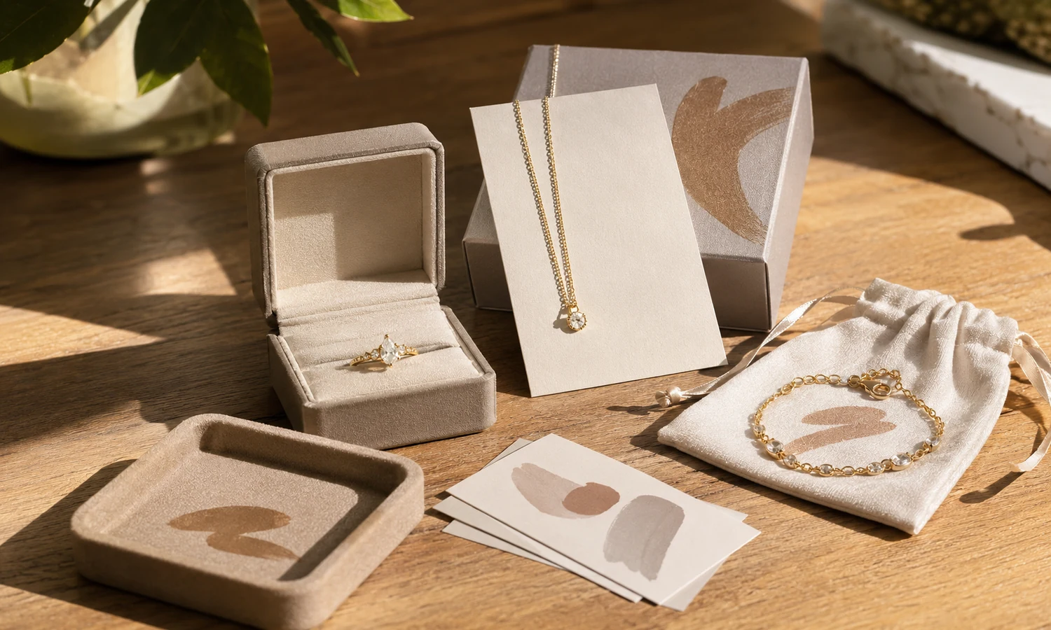 Cream velvet display texture with a delicate necklace chain