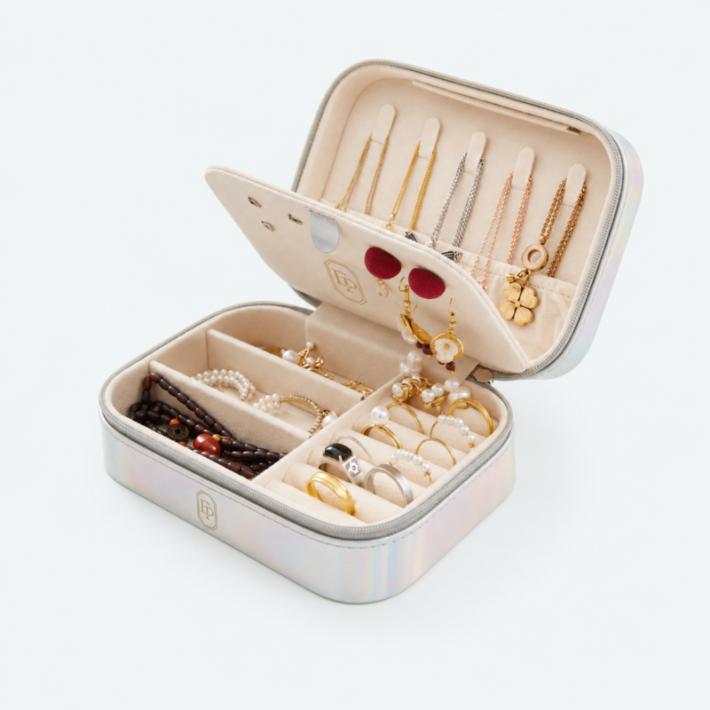 Leather Jewelry Organizer Box Beige - open product view - JO-01-P15 Leather Jewelry Organizer Box Beige - open product view - JO-01-P15