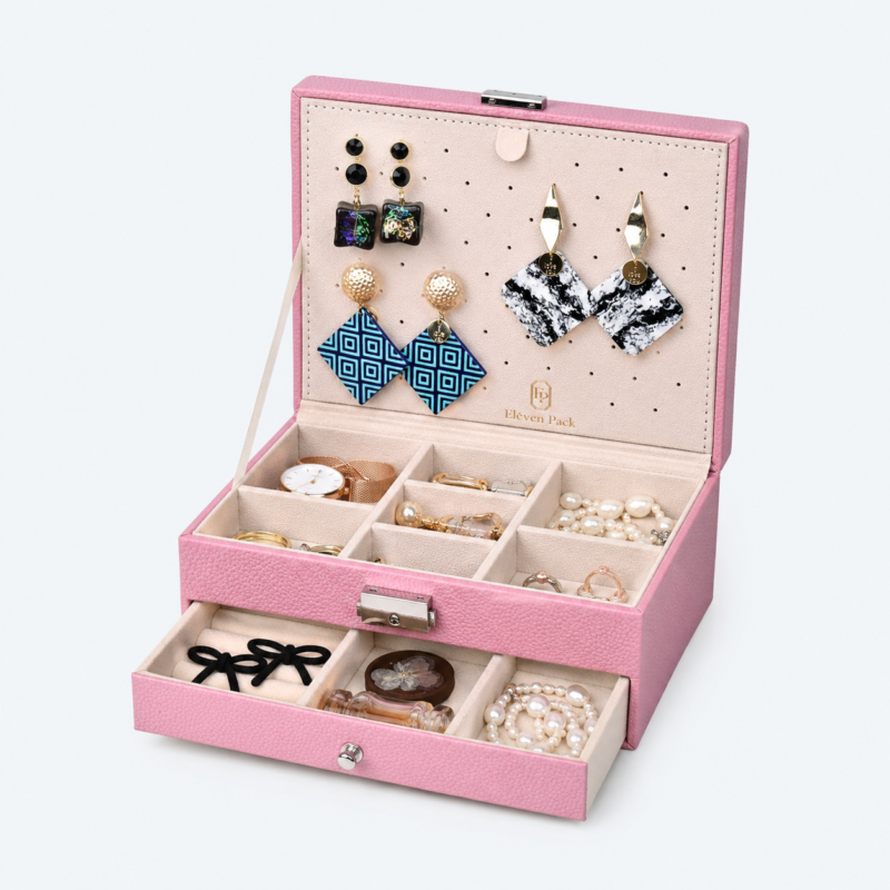 Leather Jewelry Organizer Box Organized Style B - open product view - JO-01-P18 Leather Jewelry Organizer Box Organized Style B - open product view - JO-01-P18