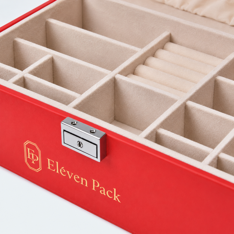 Leather Jewelry Organizer Box Red - material or structure detail - JO-01-P23 Leather Jewelry Organizer Box Red - material or structure detail - JO-01-P23