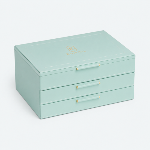 Blue Leather Multi-Layer Jewelry Box - closed product view - JO-01-P39