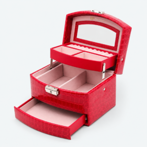 Red Leather Multi-Layer Jewelry Organizer Box - open product view - JO-01-P40 Red Leather Multi-Layer Jewelry Organizer Box - open product view - JO-01-P40