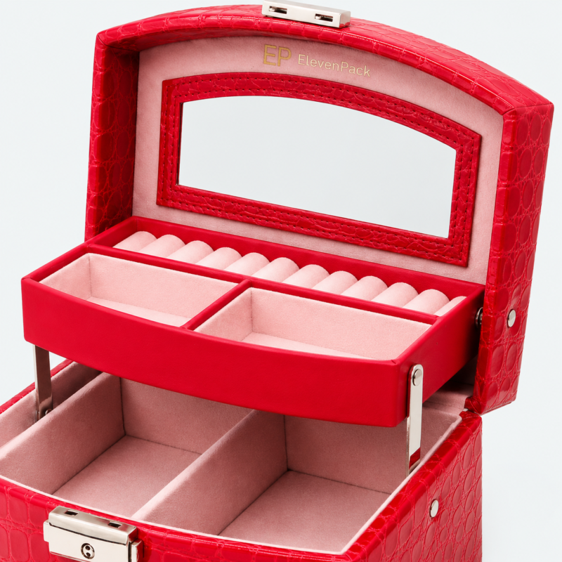 Red Leather Multi-Layer Jewelry Organizer Box - material or structure detail - JO-01-P40 Red Leather Multi-Layer Jewelry Organizer Box - material or structure detail - JO-01-P40