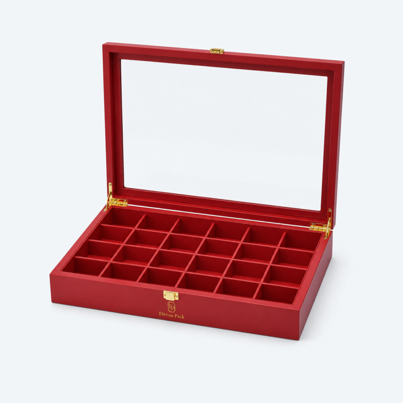 Red Wooden Multi-Compartment Jewelry Organizer Box - open product view - JO-01-P55 Red Wooden Multi-Compartment Jewelry Organizer Box - open product view - JO-01-P55