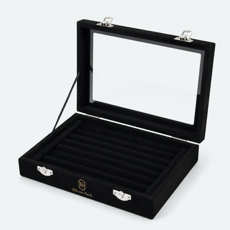 Black Velvet Window Jewelry Tray - open product view - JO-01-P57 Black Velvet Window Jewelry Tray - open product view - JO-01-P57