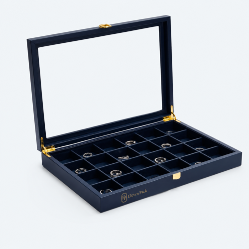 Navy Velvet Flip-Top Buckle Closure Jewelry Tray - open product view - JO-01-P60