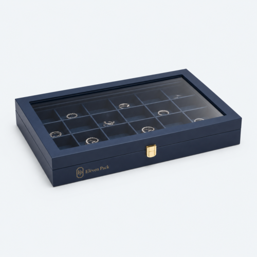 Navy Velvet Flip-Top Buckle Closure Jewelry Tray - closed product view - JO-01-P60