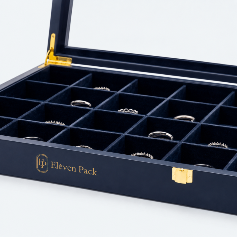 Navy Velvet Flip-Top Buckle Closure Jewelry Tray - material or structure detail - JO-01-P60