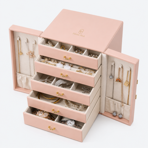 Leather Jewelry Organizer Box Organized - open product view - JO-02-P12