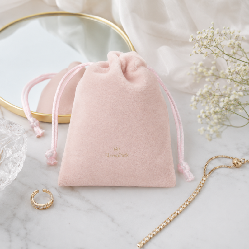 Pink Velvet Drawstring Jewelry Pouch - lifestyle usage scene - JP-BM-01-P2