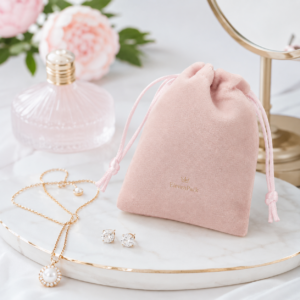 Pink Velvet Drawstring Jewelry Pouch - lifestyle product scene - JP-BM-01-P2