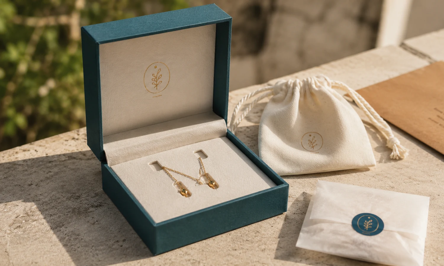 Recycled paper jewelry box beside an unbleached cotton pouch
