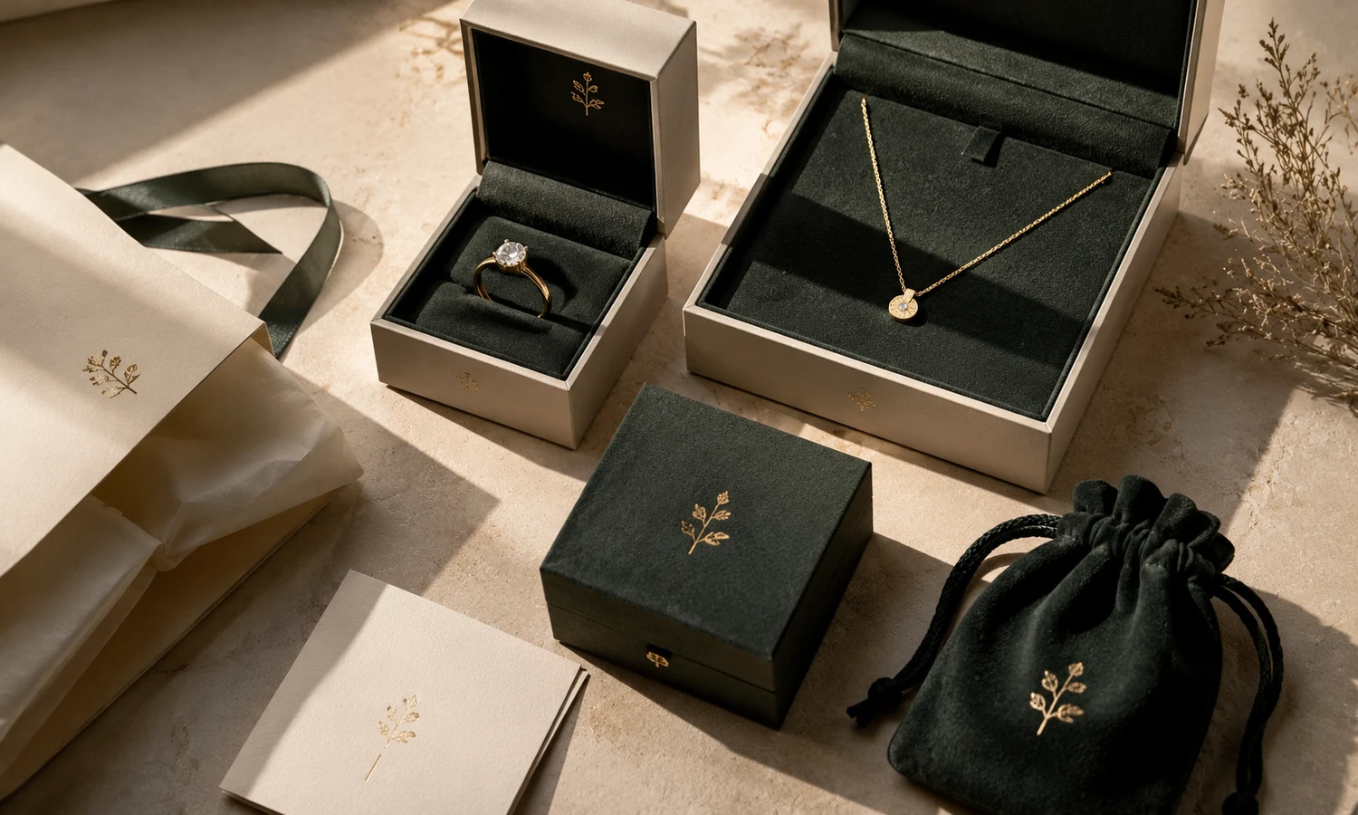 Restrained luxury jewelry packaging with an open ivory box and cream pouch