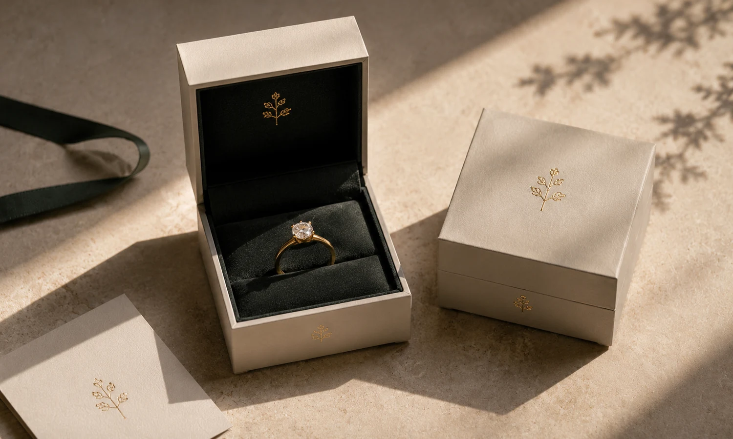 Closed ivory luxury jewelry box on a warm neutral surface