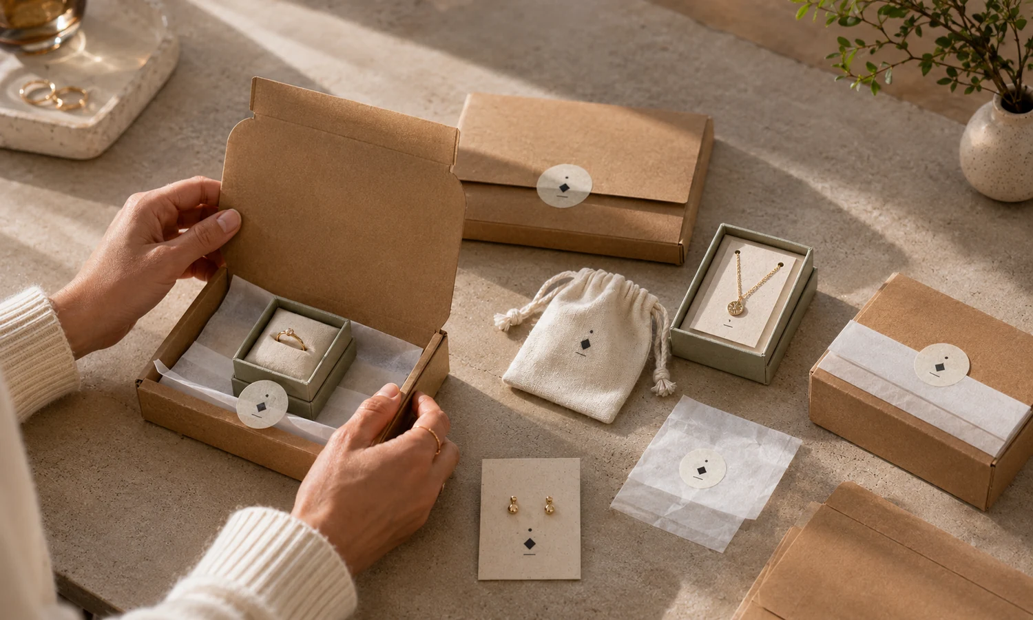 Recycled kraft paper cushioning inside a jewelry mailer box