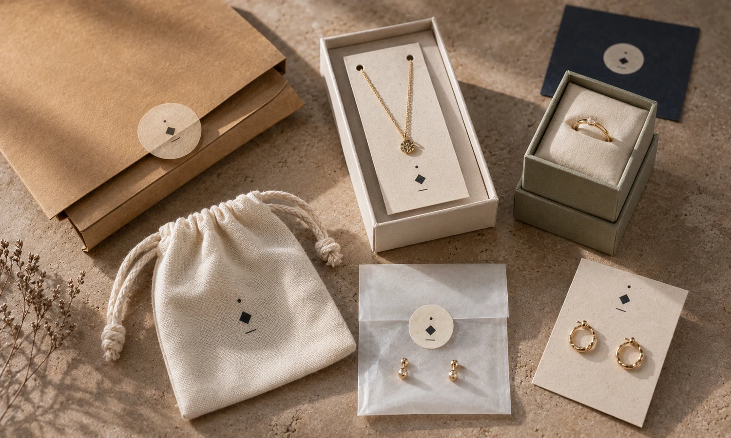 Cotton jewelry pouch inside a kraft paper mailer box without plastic filler