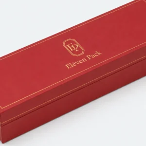 Red leather bangle box detail showing hinge and gold edge finish