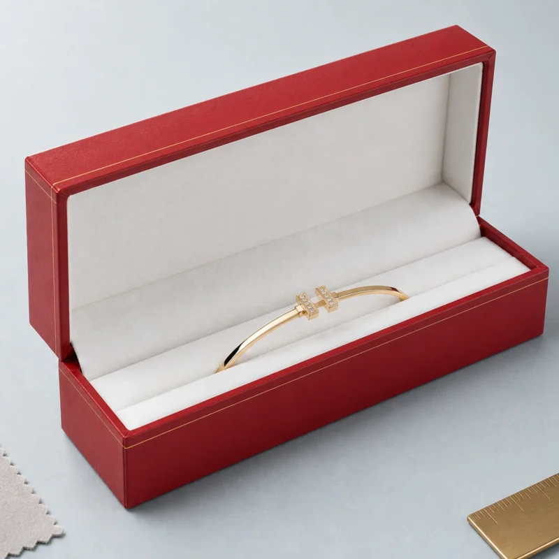 Custom red bangle box in a B2B material sampling scene
