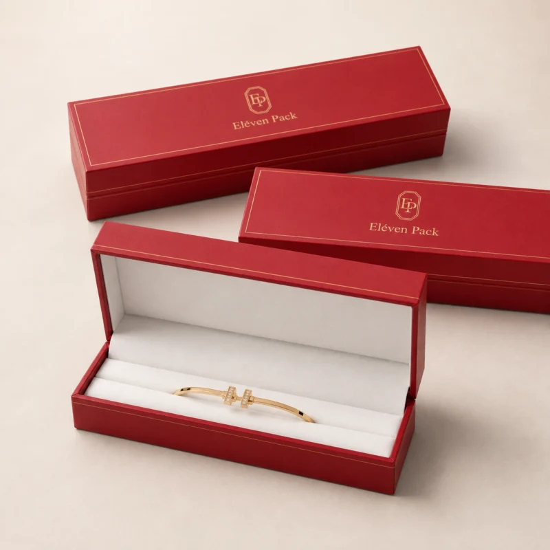 Coordinated long red leather bangle box packaging system