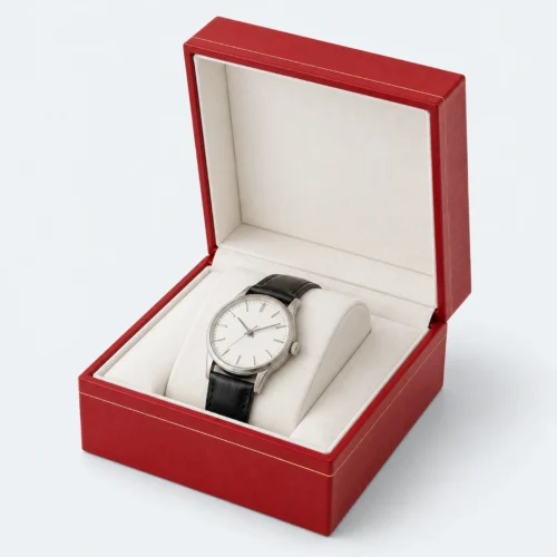 Open custom red leather hinged watch box with a fitted white pillow