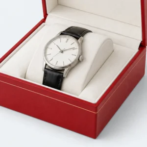 Watch pillow fit detail inside a red leather jewelry presentation box Watch pillow fit detail inside a red leather jewelry presentation box