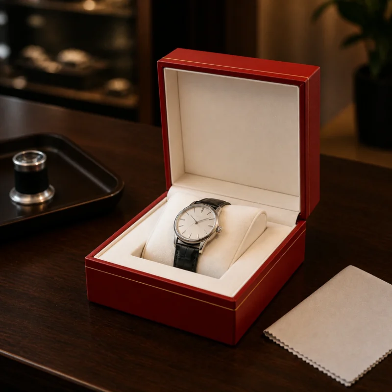 Custom red watch box in a premium boutique counter scene Custom red watch box in a premium boutique counter scene