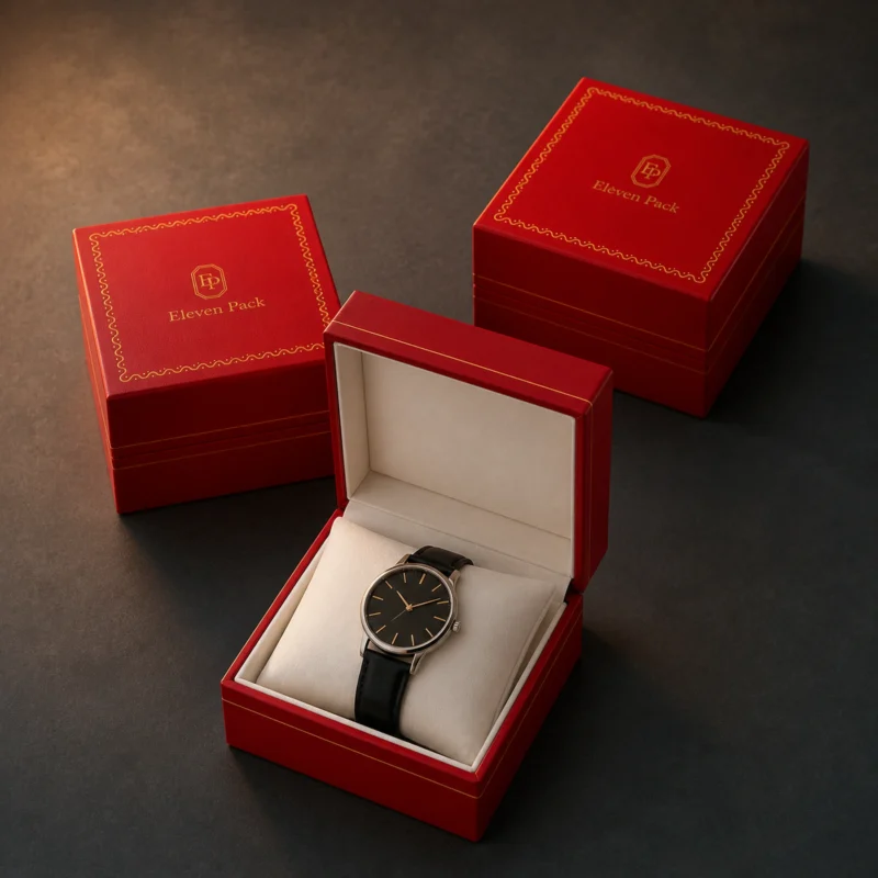 Coordinated red leather watch box packaging system for retailers Coordinated red leather watch box packaging system for retailers