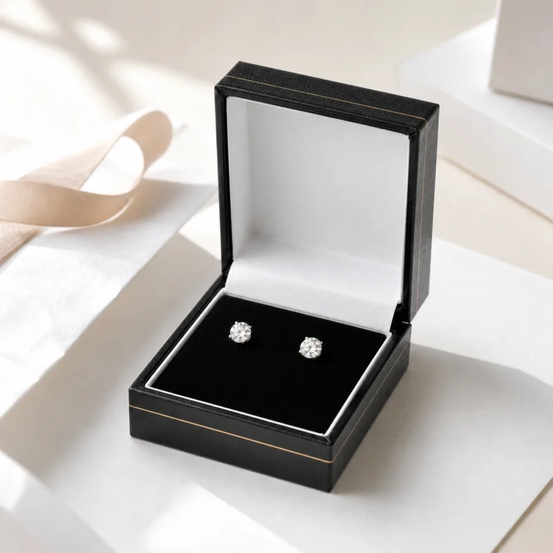 Custom black earring box in a clean ecommerce packing desk scene Custom black earring box in a clean ecommerce packing desk scene