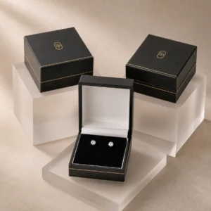 Coordinated black leather earring box packaging system on acrylic risers Coordinated black leather earring box packaging system on acrylic risers