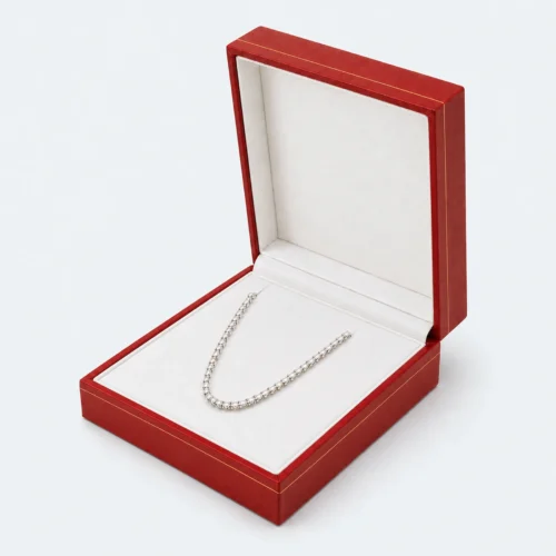 Open custom red genuine leather necklace box with a fitted white insert Open custom red genuine leather necklace box with a fitted white insert