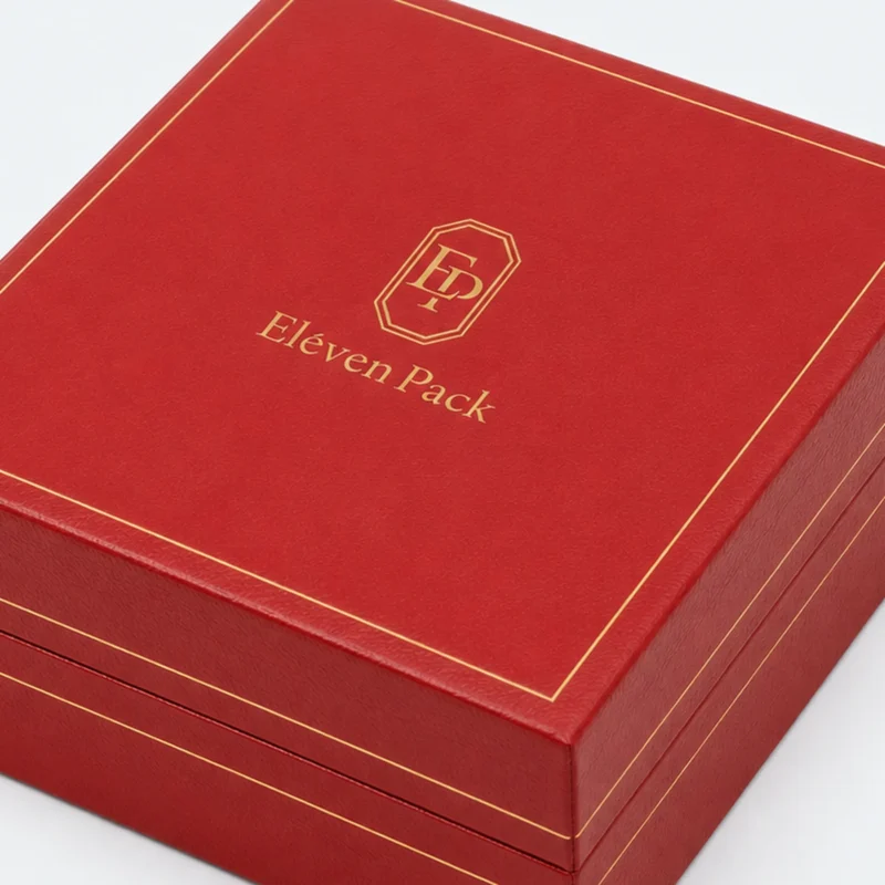 Red genuine leather necklace box detail with gold edge finishing