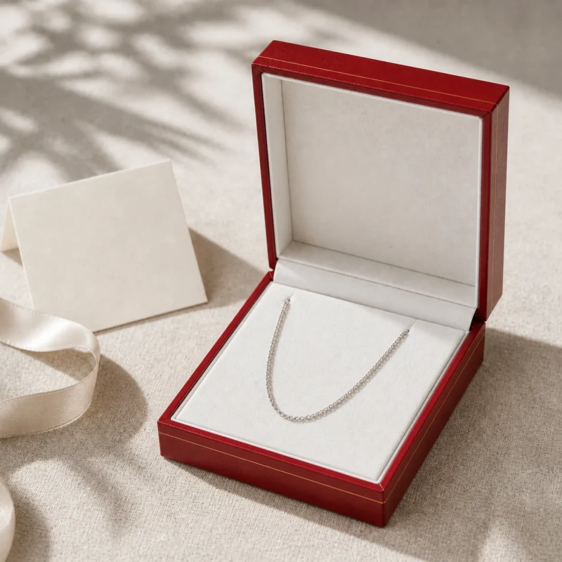 Custom red necklace box in a neutral linen gifting scene