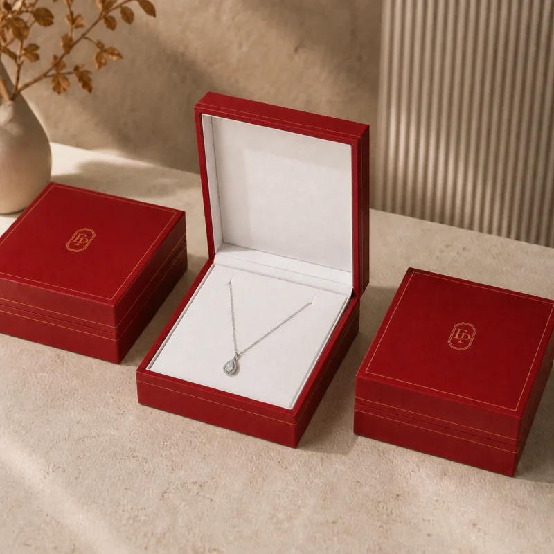 Coordinated red leather necklace box packaging system for jewelry brands
